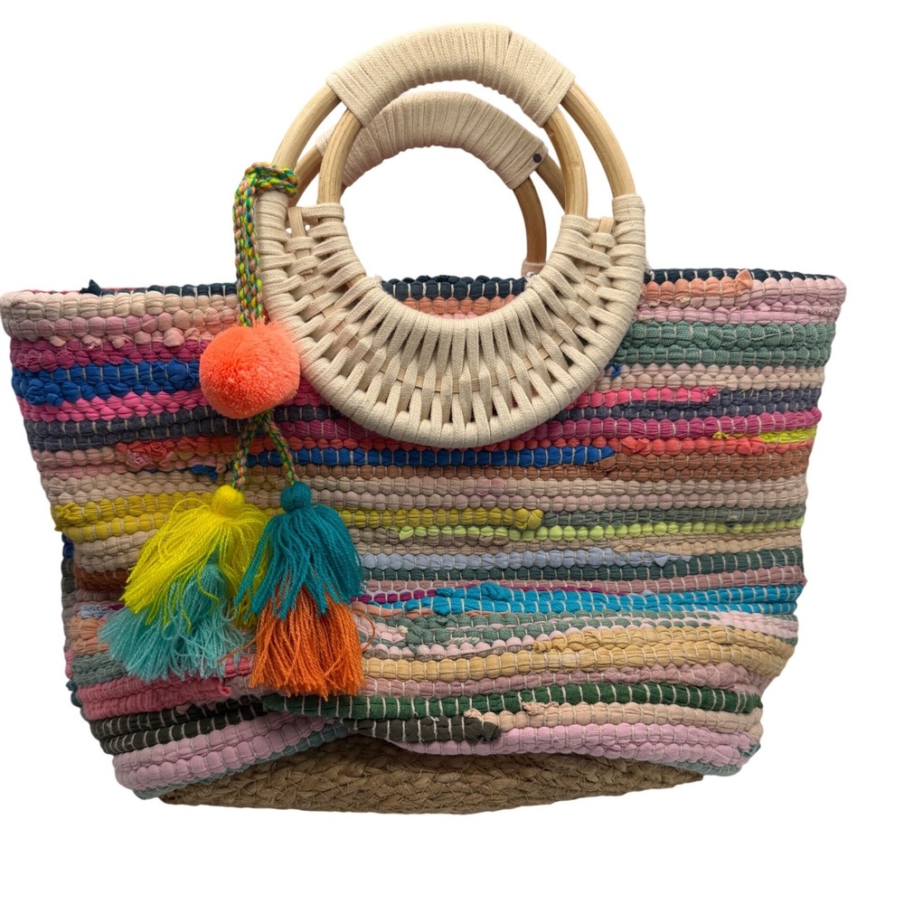 Unbranded Woven Tote Bag Womens Large Multi Excellent Boho Tassel Jute Base